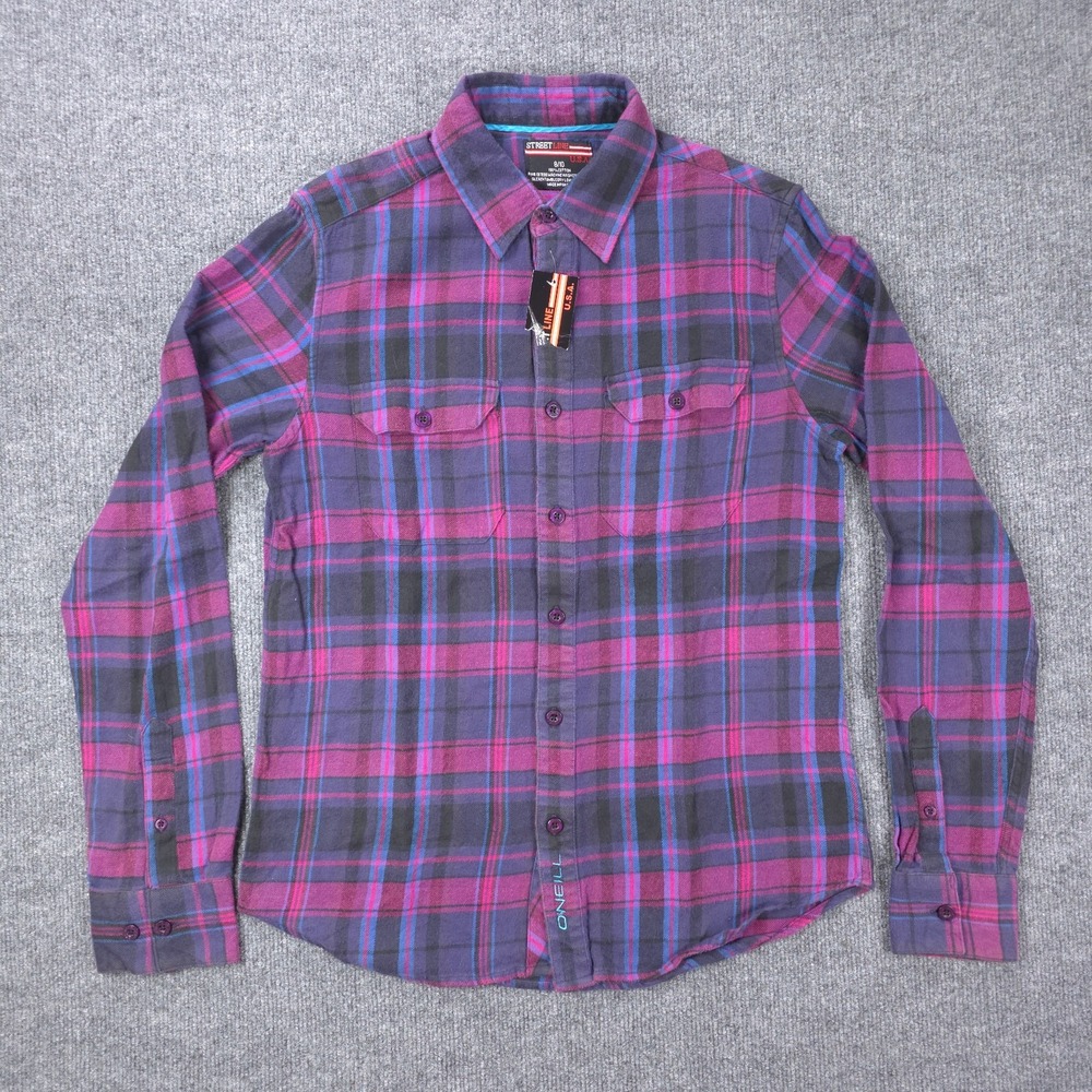 Street Line Flannel Shirt Women 8/10 Purple Plaid Long Sleeve Cotton Outdoor